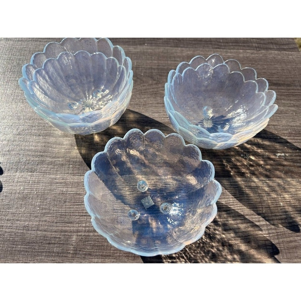 Vintage White Pearly Glass Dessert Side Bowls 5‎ With Feet Handmade Thailand